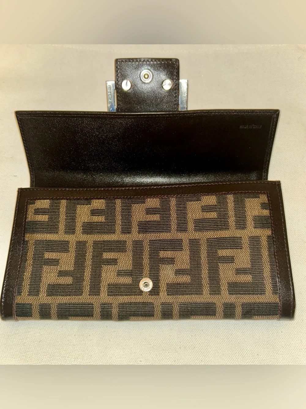 Fendi Brown and Black FF Logo Canvas Clutch with Silver F Buckle - Picture 8 of 10